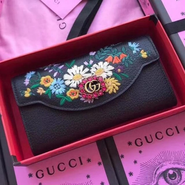 Gucci Embroidered Leather Flap Wallet 499313 Black 2018 Collection