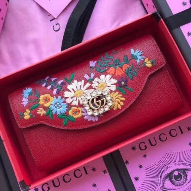 Gucci Embroidered Leather Flap Wallet 499313 Red 2018 Collection