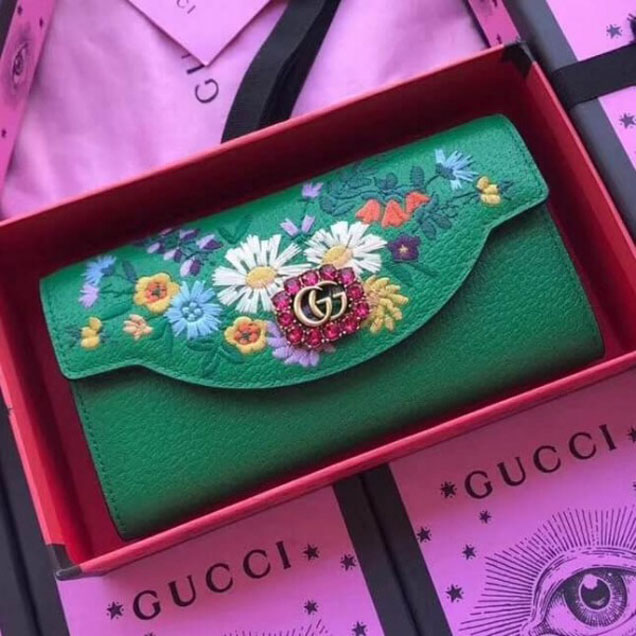 Gucci Embroidered Leather Flap Wallet 499313 Green 2018 Collection