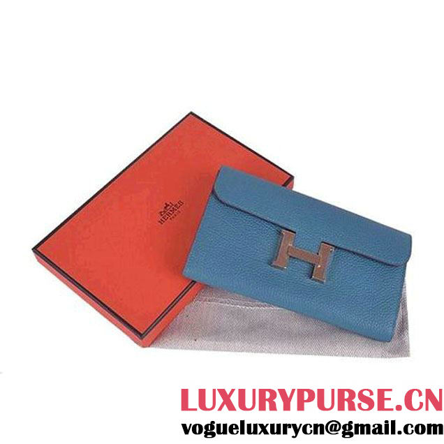 Hermes Constance Long Wallets Blue Calfskin Leather Gold