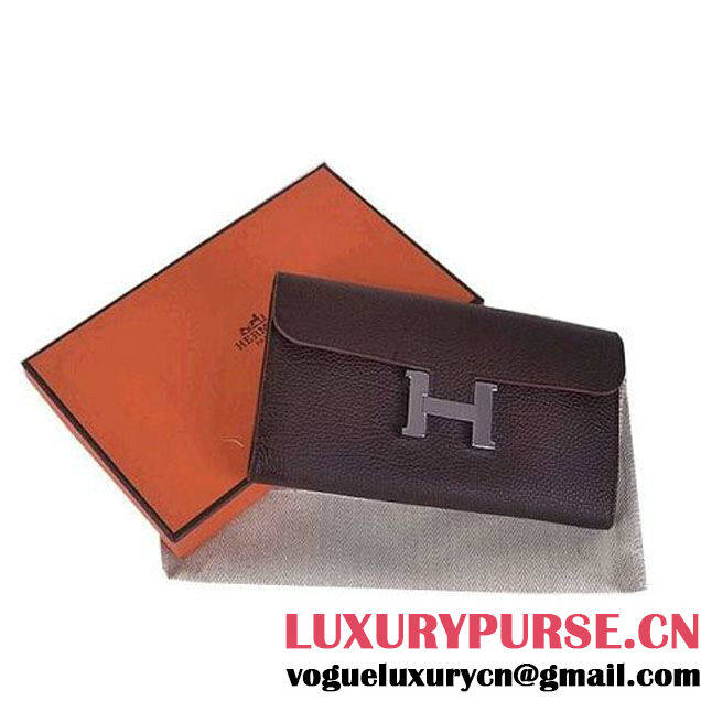 Hermes Constance Long Wallets Brown Calfskin Leather Silver