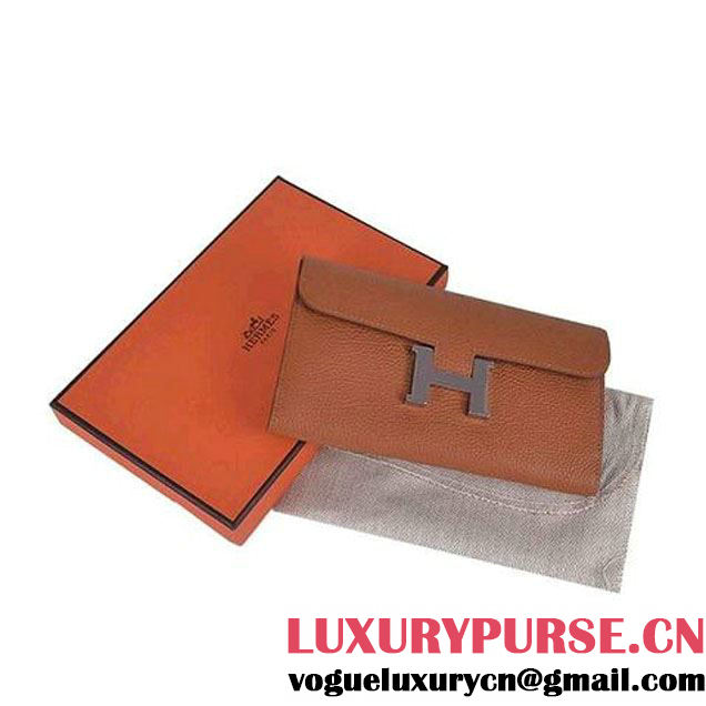 Hermes Constance Long Wallets Camel Calfskin Leather Silver