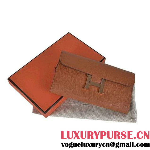 Hermes Constance Long Wallets Camel Calfskin Leather Gold