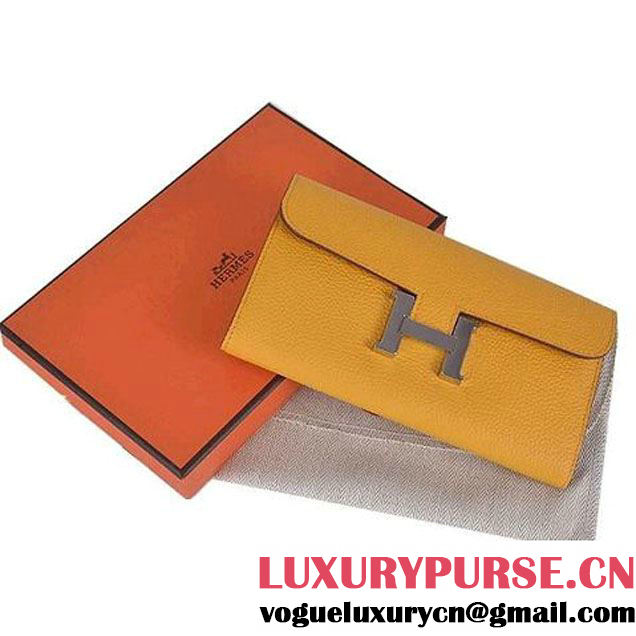 Hermes Constance Long Wallets Yellow Calfskin Leather Silver