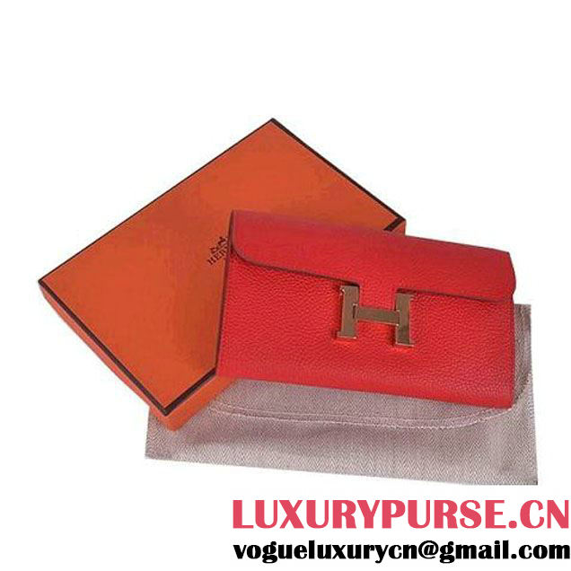 Hermes Constance Long Wallets Red Calfskin Leather Gold