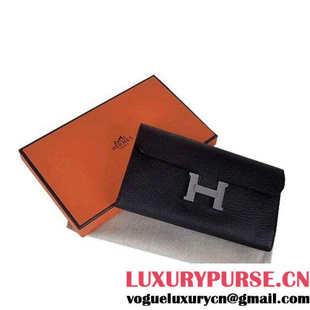 Hermes Constance Long Wallets Black Calfskin Leather Silver