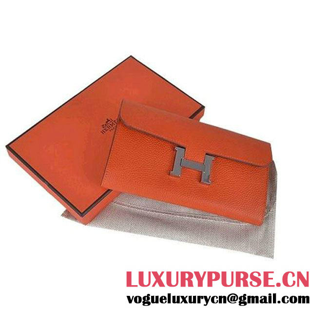 Hermes Constance Long Wallets Orange Calfskin Leather Silver