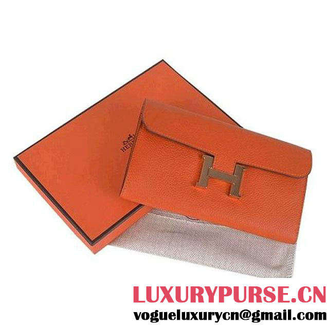 Hermes Constance Long Wallets Orange Calfskin Leather Gold