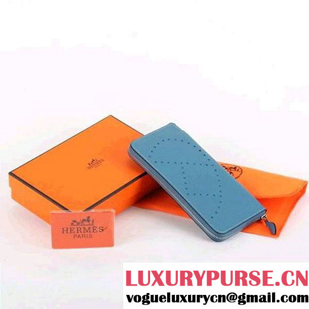 Hermes Togo Leather Perforated Zippy Wallet 9032 Blue