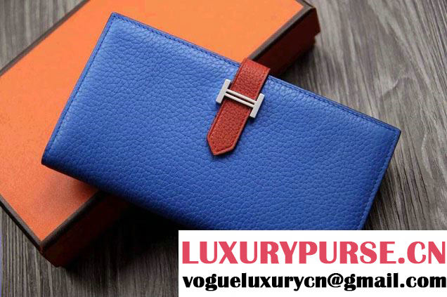 Hermes Epsom Calfskin Bi-Color Wallet with Gusset H Blue/Red 2014