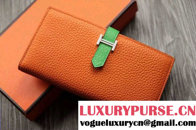 Hermes Epsom Calfskin Bi-Color Wallet with Gusset H Orange/Green 2014