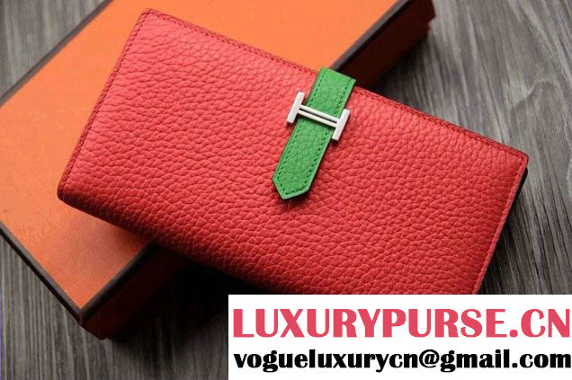 Hermes Epsom Calfskin Bi-Color Wallet with Gusset H Cerise/Green 2014