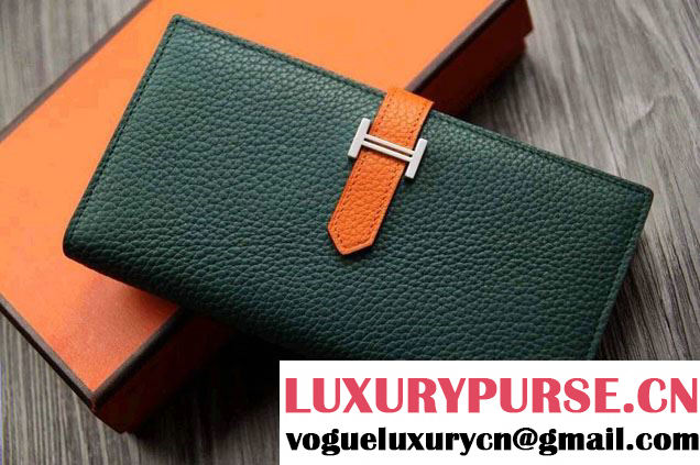 Hermes Epsom Calfskin Bi-Color Wallet with Gusset H Dark Green/Orange 2014