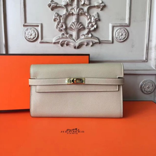 Hermes Kelly Wallet Epsom Leather Handstitched Gold Hardware Spring/Summer 2017 Collection, Pearl Grey