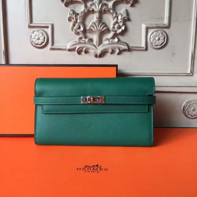 Hermes Kelly Wallet Epsom Leather Handstitched Silver Hardware Spring/Summer 2017 Collection, Malachite