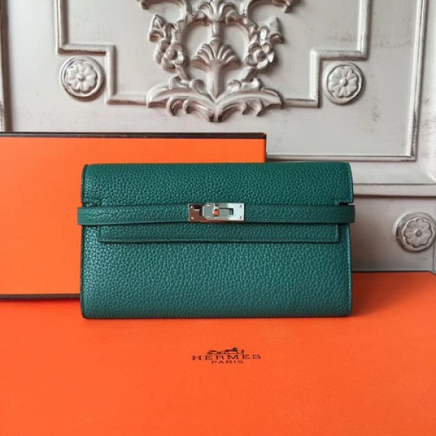 Hermes Kelly Wallet Togo Leather Handstitched Silver Hardware Spring/Summer 2017 Collection, Malachite