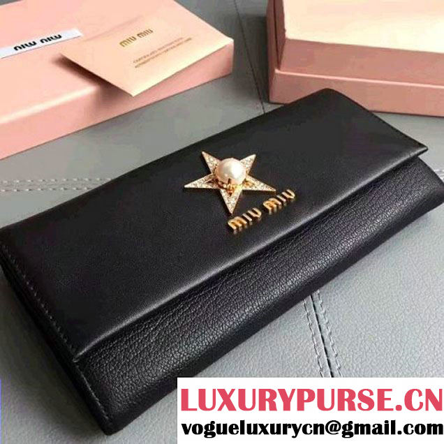 Miu Miu Goatskin Long Wallet With Crystal Star and Pearl 2MH373 Black 2017 (JD-7062911 )