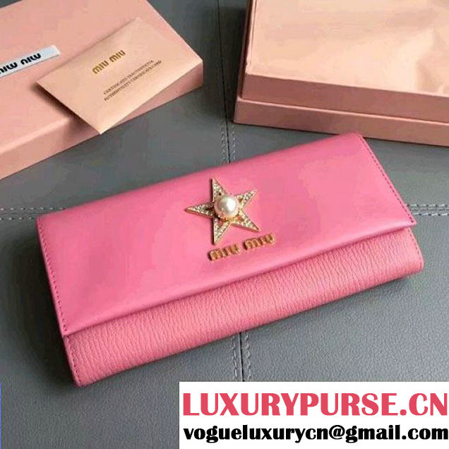 Miu Miu Goatskin Long Wallet With Crystal Star and Pearl 2MH373 Pink 2017 (JD-7062914 )