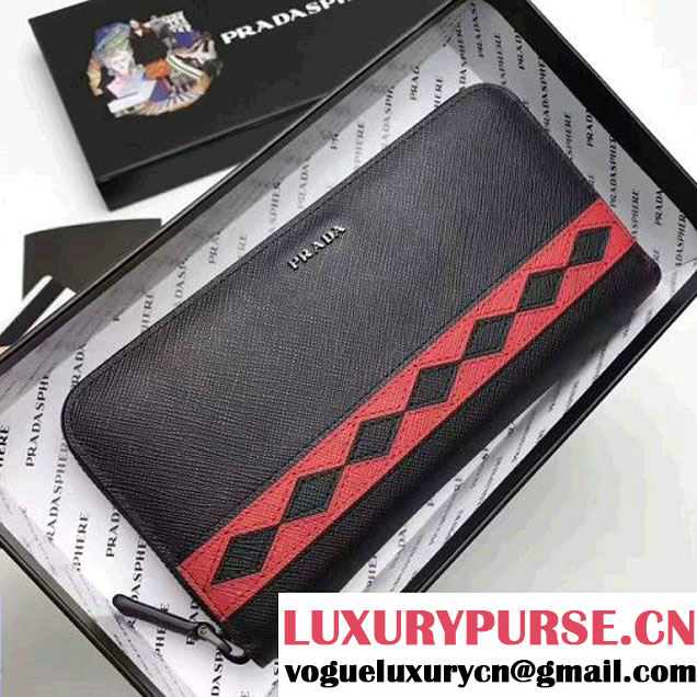 Prada Saffiano Leather Flap Wallet With Multicolored Greek Key Motif 1MH132 Black/Red 2017 (WY-7060306 )