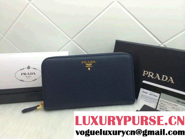 Prada Clemence Leather Zip-Around 1M0506 Wallet Dark Blue