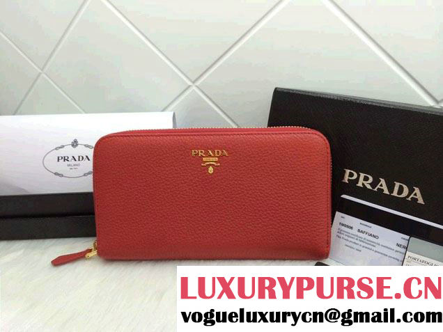 Prada Clemence Leather Zip-Around 1M0506 Wallet Red