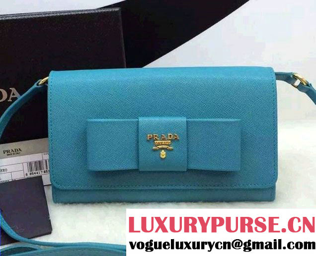 Prada Saffiano Leather Bow Wallet with Shoulder Strap 1M1437 Turquoise 2015/2016