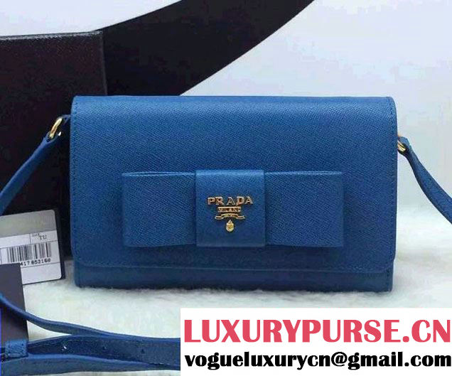 Prada Saffiano Leather Bow Wallet with Shoulder Strap 1M1437 Blue 2015/2016