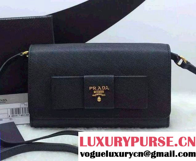 Prada Saffiano Leather Bow Wallet with Shoulder Strap 1M1437 Black 2015/2016