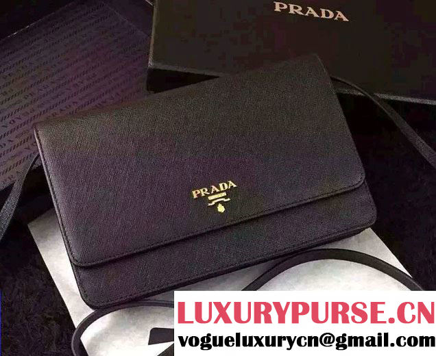 Prada Saffiano Leather Wallet with Shoulder Strap 1M1361 Black