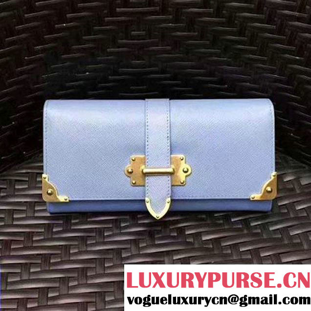 Prada Saffiano Leather Flap Wallet with Metal Details 1MH132 Ligtht Blue 2017 (GYF-7082607 )