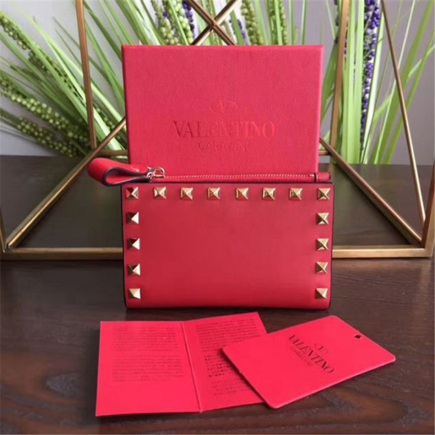 Valentino Garavani Rockstud Spike Card Holder Wallet 14cm Calfskin Leather Fall Winter 2017 Collection Red