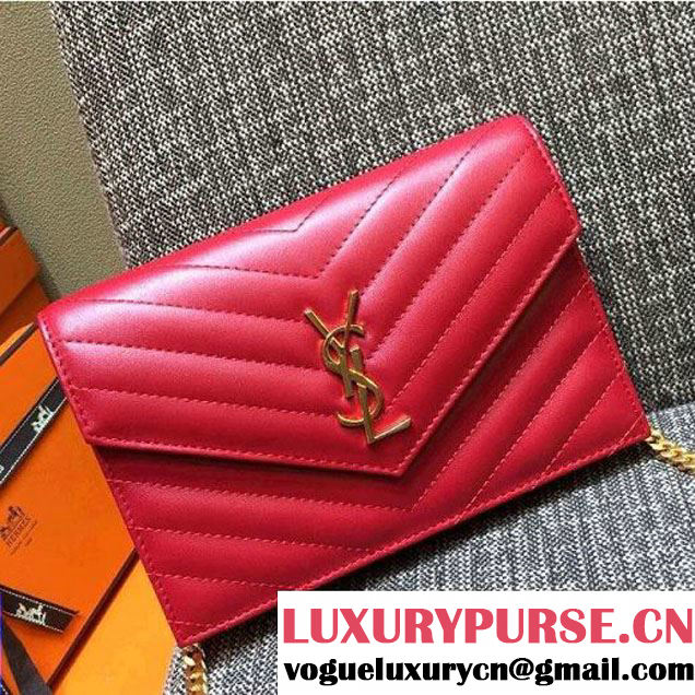 Saint Laurent 393953 Smooth Calfskin Monogram Envelope Chain Wallet Red 2016 (1A130-6081518 )