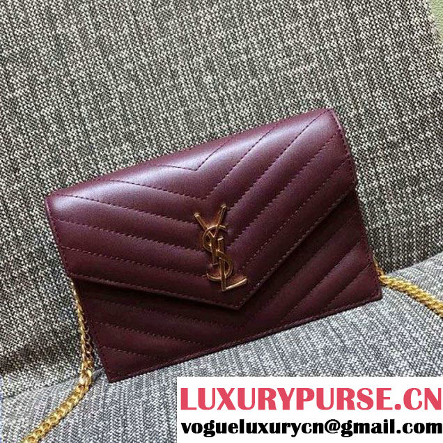 Saint Laurent 393953 Smooth Calfskin Monogram Envelope Chain Wallet Burgundy 2016 (1A130-6081520 )